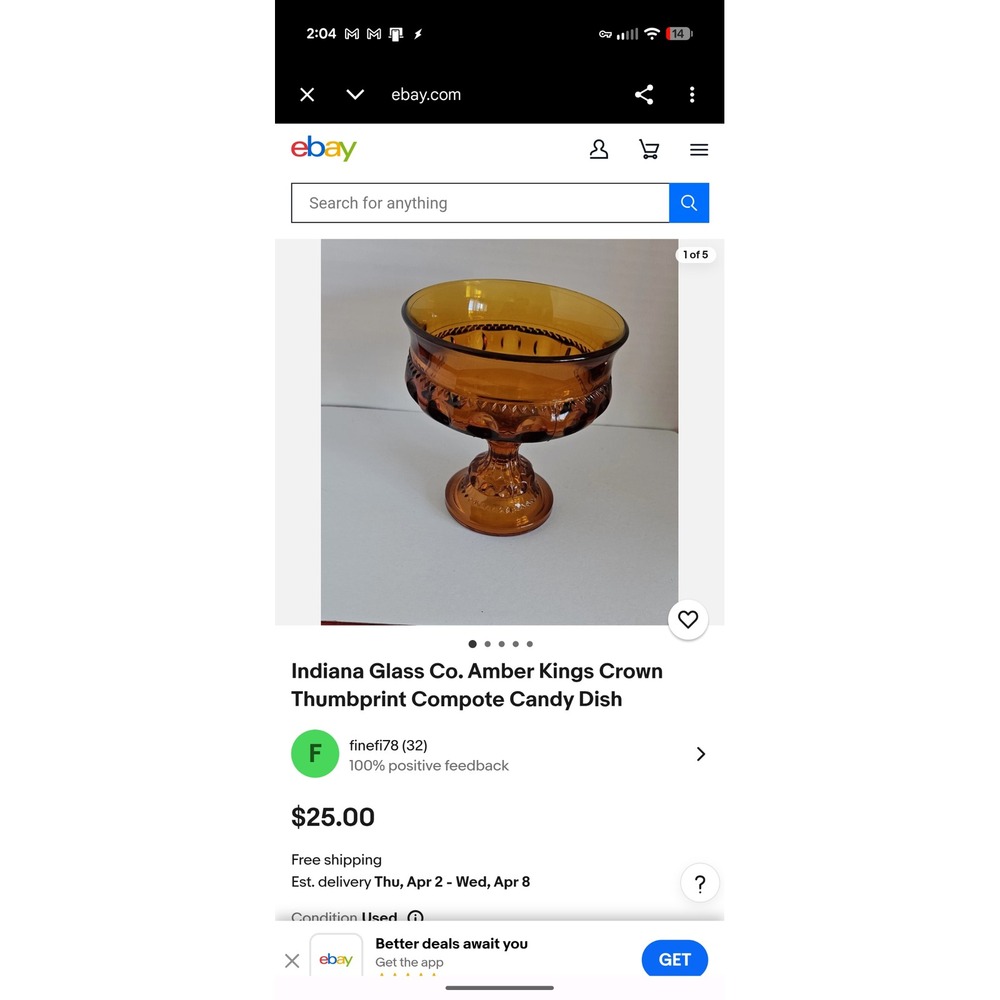 Indiana Glass Co Amber Kings Crown Thumbprint Compote Candy Dish MCM Glassware - Picture 6 of 6